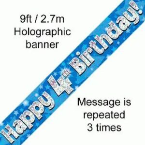 happy 4th birthday foil holographic banner, blue, 9ft