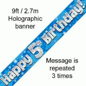 happy 5th birthday foil holographic banner, blue, 9ft