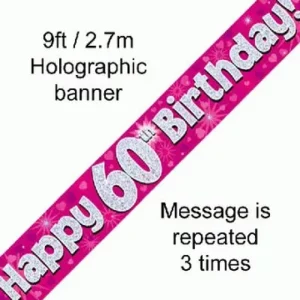 happy 60th birthday foil holographic banner, pink, 9ft