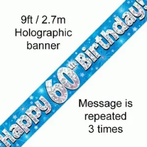 happy 60th birthday foil holographic banner, blue, 9ft