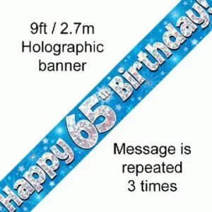 happy 65th birthday foil holographic banner, blue, 9ft