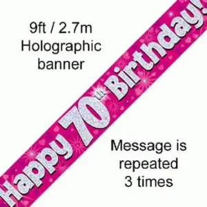 happy 70th birthday foil holographic banner, pink, 9ft