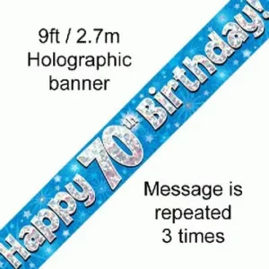 happy 70th birthday foil holographic banner, blue, 9ft