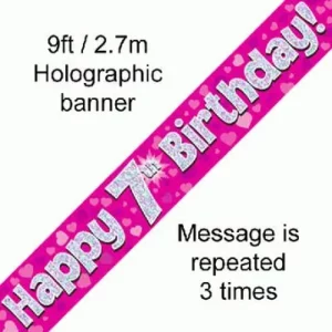 happy 7th birthday foil holographic banner, pink, 9ft