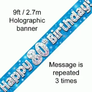 happy 80th birthday foil holographic banner, blue, 9ft