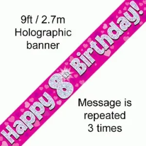 happy 8th birthday foil holographic banner, pink, 9ft