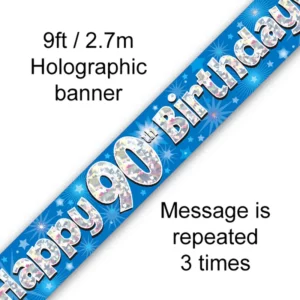 happy 90th birthday foil holographic banner, blue, 9ft