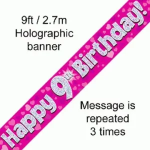 happy 9th birthday foil holographic banner, pink, 9ft