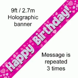 happy birthday foil holographic banner, pink, 9ft