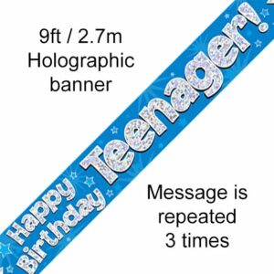 happy birthday teenager foil holographic banner, blue, 9ft