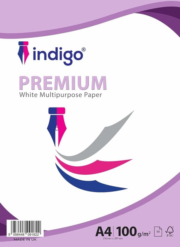 indigo® a4 white multipurpose copier 100gsm paper pack 50 sheets