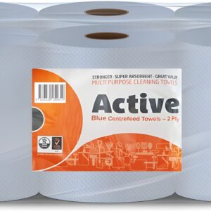 indigo® active blue centrefeed roll 2 ply laminated embossed strong wiping tissue cleaning roll home and office sheet width 166mm 6 rolls