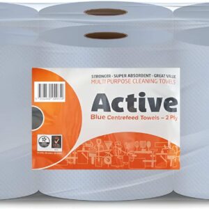 indigo&reg; active blue centrefeed roll 2 ply laminated embossed strong wiping tissue cleaning roll home and office sheet width 166mm 6 rolls