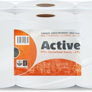 indigo® active white centrefeed roll 2 ply laminated embossed strong wiping tissue cleaning roll home and office sheet width 166mm 6 rolls