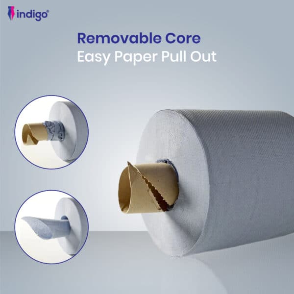 indigo® active blue centrefeed roll 2 ply laminated embossed strong wiping tissue cleaning roll home and office 300 sheets per roll, sheet width 166mm 6 rolls