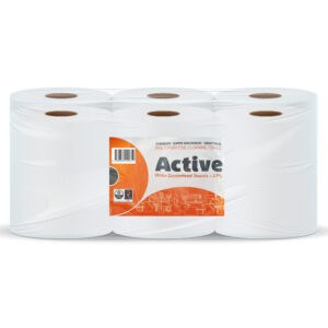 indigo® active white centrefeed roll 2 ply laminated embossed strong wiping tissue cleaning roll home and office 300 sheets per roll, sheet width 166mm 6 rolls