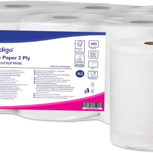 indigo® 6 x (150m x 180mm) white centrefeed roll 2 ply hygiene absorbent strong wiping tissue cleaning roll home and office