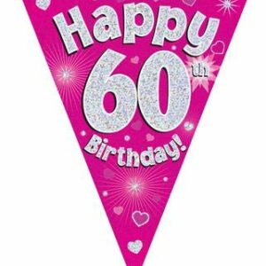 party bunting happy 60th birthday pink holographic 11 flags 3.9m