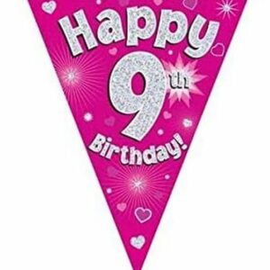 party bunting happy 9th birthday pink holographic 11 flags 3.9m