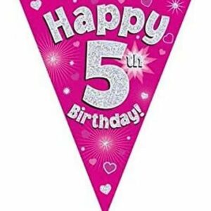 party bunting happy 5th birthday pink holographic 11 flags 3.9m