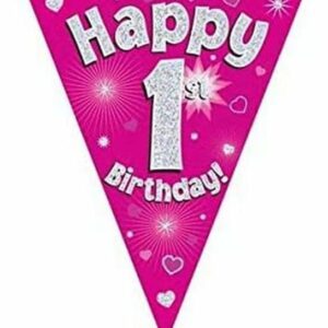 party bunting happy 1st birthday pink holographic 11 flags 3.9m