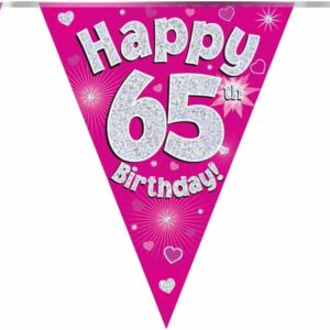 party bunting happy 65th birthday pink holographic 11 flags 3.9m