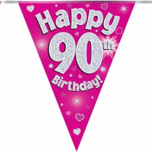 party bunting happy 90th birthday pink holographic 11 flags 3.9m