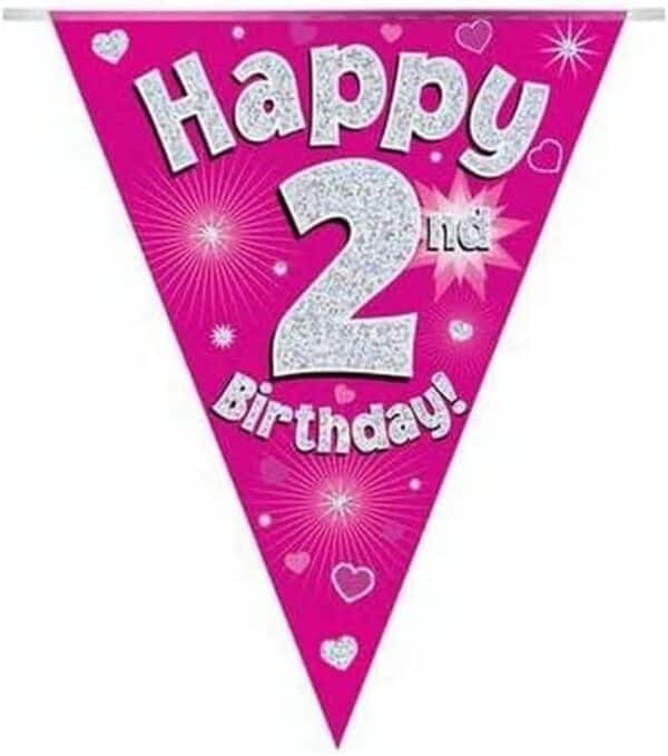 party bunting happy 2nd birthday pink holographic 11 flags 3.9m