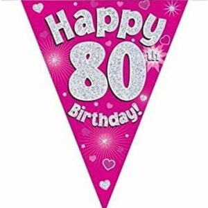 party bunting happy 80th birthday pink holographic 11 flags 3.9m