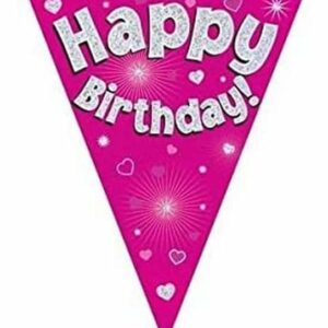 party bunting happy birthday pink holographic 11 flags 3.9m