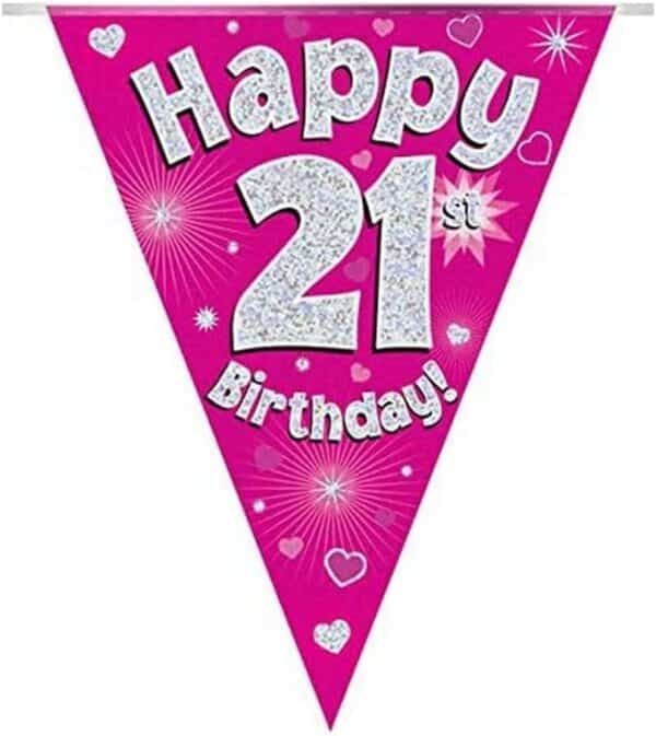 party bunting happy 21th birthday pink holographic 11 flags 3.9m