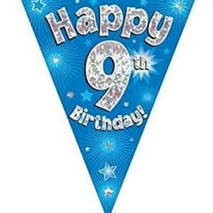 party bunting happy 9th birthday blue holographic 11 flags 3.9m