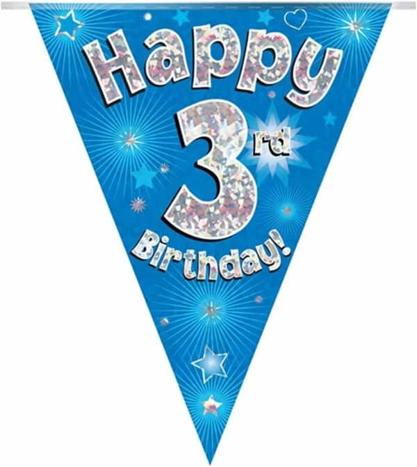 party bunting happy 3th birthday blue holographic 11 flags 3.9m