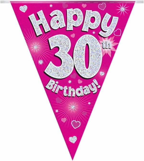 party bunting happy 30th birthday pink holographic 11 flags 3.9m