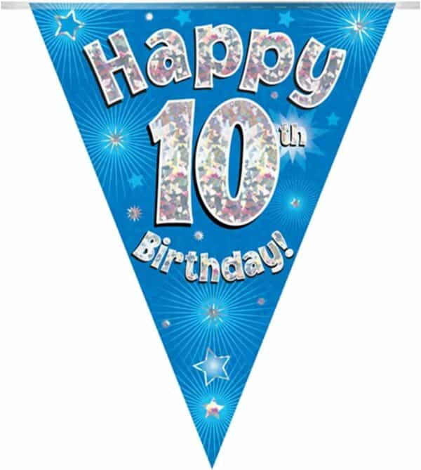 party bunting happy 10th birthday blue holographic 11 flags 3.9m