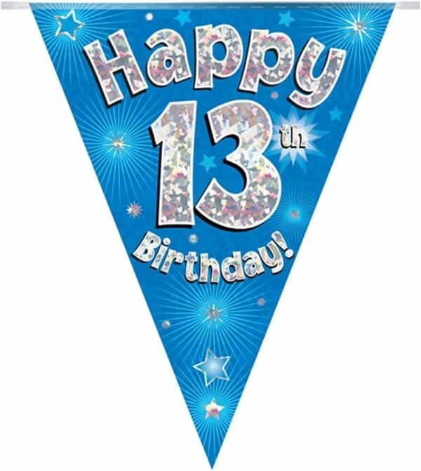 party bunting happy 13th birthday blue holographic 11 flags 3.9m