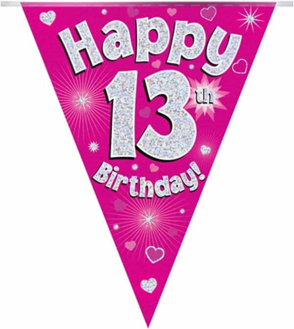 party bunting happy 13th birthday pink holographic 11 flags 3.9m