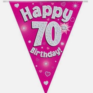 party bunting happy 70th birthday pink holographic 11 flags 3.9m