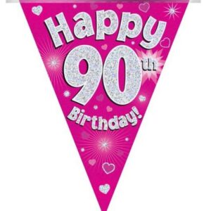 party bunting happy 90th birthday pink holographic 11 flags 3.9m