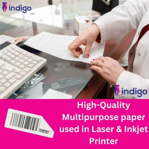 indigo® multipurpose white a4 sticker labels inkjet, laser, copier versatile sticker labels for fba, upc, packaging, sold, barcodes waterproof and durable 100 sheets 2 label per sheet