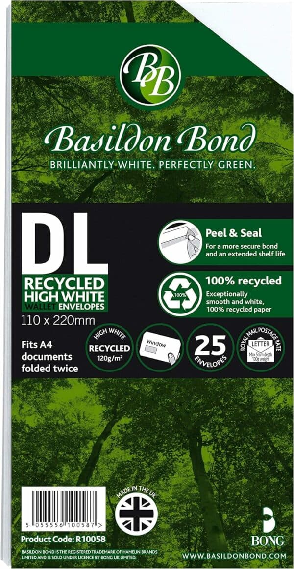 bong basildon bond dl recycled white 120gsm peel & seal wallet, pack 25 envelopes, r10048