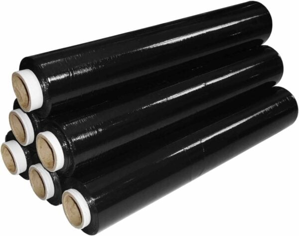 6 rolls of 23 micron strong black opaque pallet stretch shrink wrap 500mm x 250mm 23mu flush core