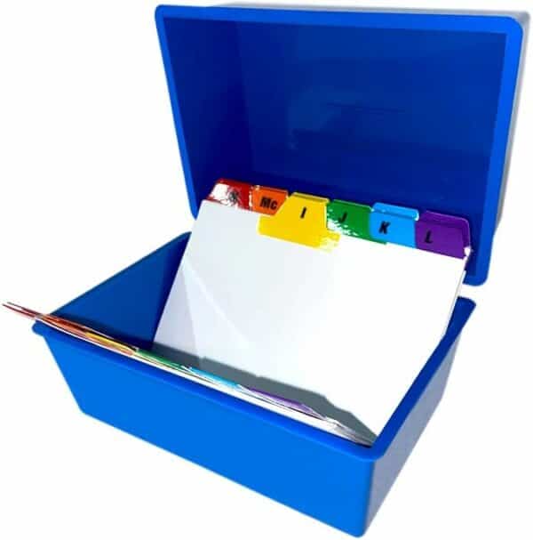 indigo® office index record card box filing box with coloured guide record cards blue (5" x 3")