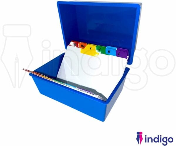 indigo® office index record card box filing box with coloured guide record cards blue (5" x 3")