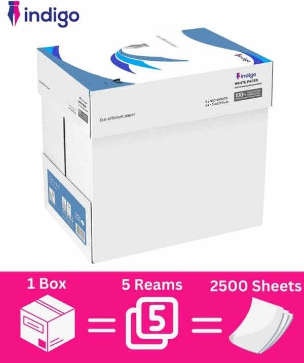 a4 indigo® eco 70/75 gsm white printer copier paper 5 reams of 500 multifunction laser inkjet paper (1 box, 5 reams)