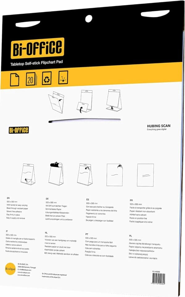 bi office tabletop self stick flipchart pad, 20 sheets 70 gr/m² paper, 58,5 x 50 cm, white