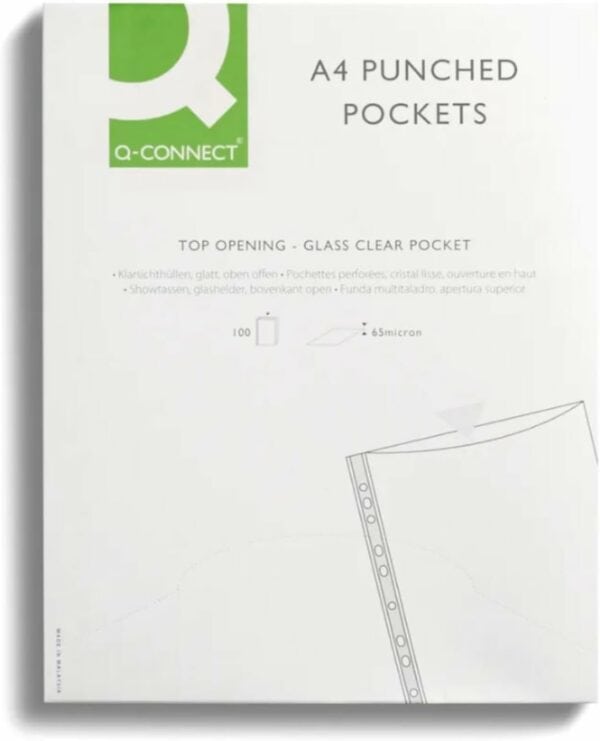 a4 punched pocket top opening green strip clear (pack of 100)