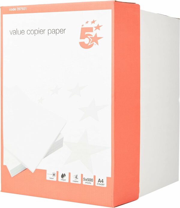 5 star 397921 office value copier paper multifunctional ream wrapped 75gsm a4 white 1 box containing 5 reams of 500 sheets