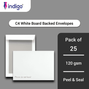 indigo c4 white boardback peel & seal do not bend envelopes pack of 25