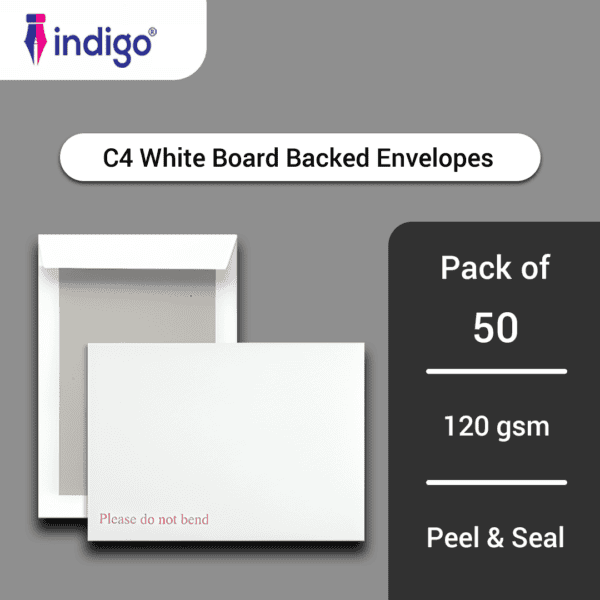 indigo c4 white boardback peel & seal do not bend envelopes pack of 50